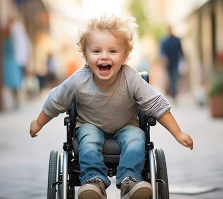 A joyful toddler in a wheelchair on a city street, laughing and looking forward.